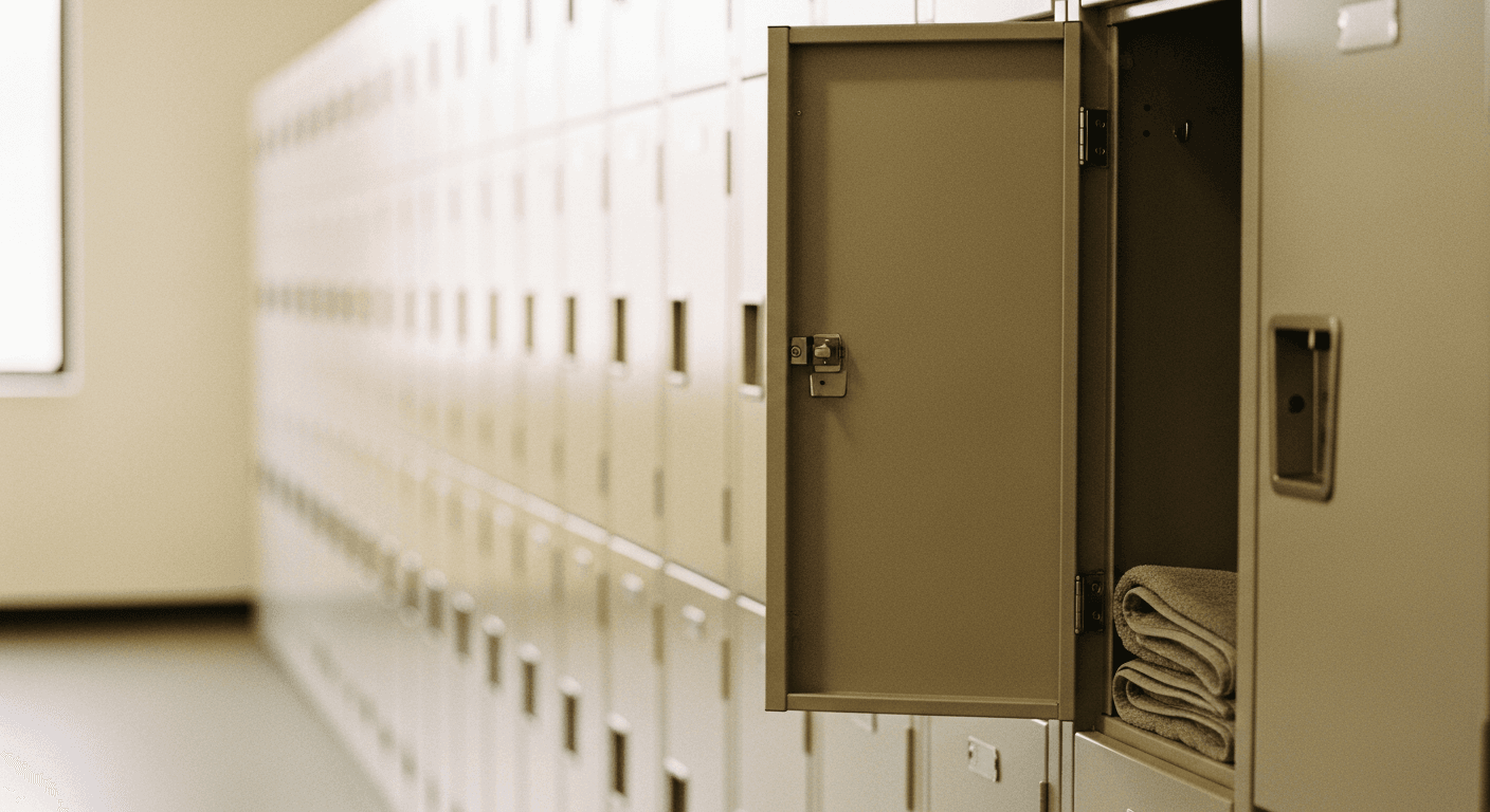 Row of sleek gym lockers with warm golden light, one door slightly open revealing a hung towel.