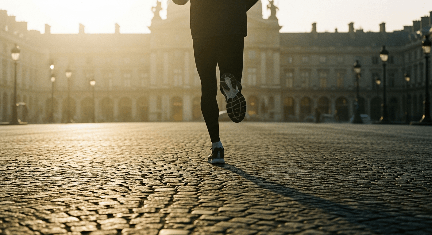 A lone runner mid-stride on a Parisian boulevard at dawn, with blurred Haussmann architecture fading softly in the background.
