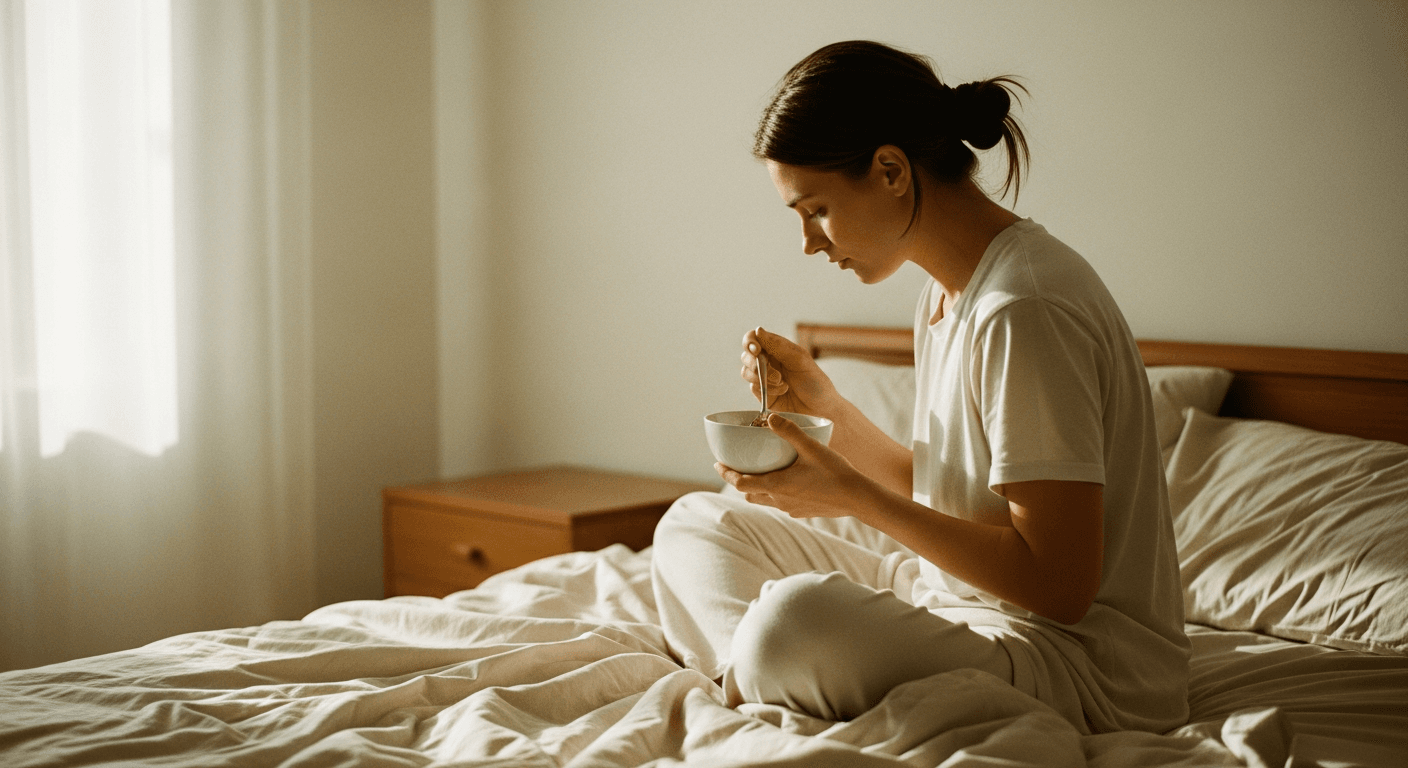 A woman sitting cross-legged on her bed in morning light, peacefully eating breakfast from a bowl.