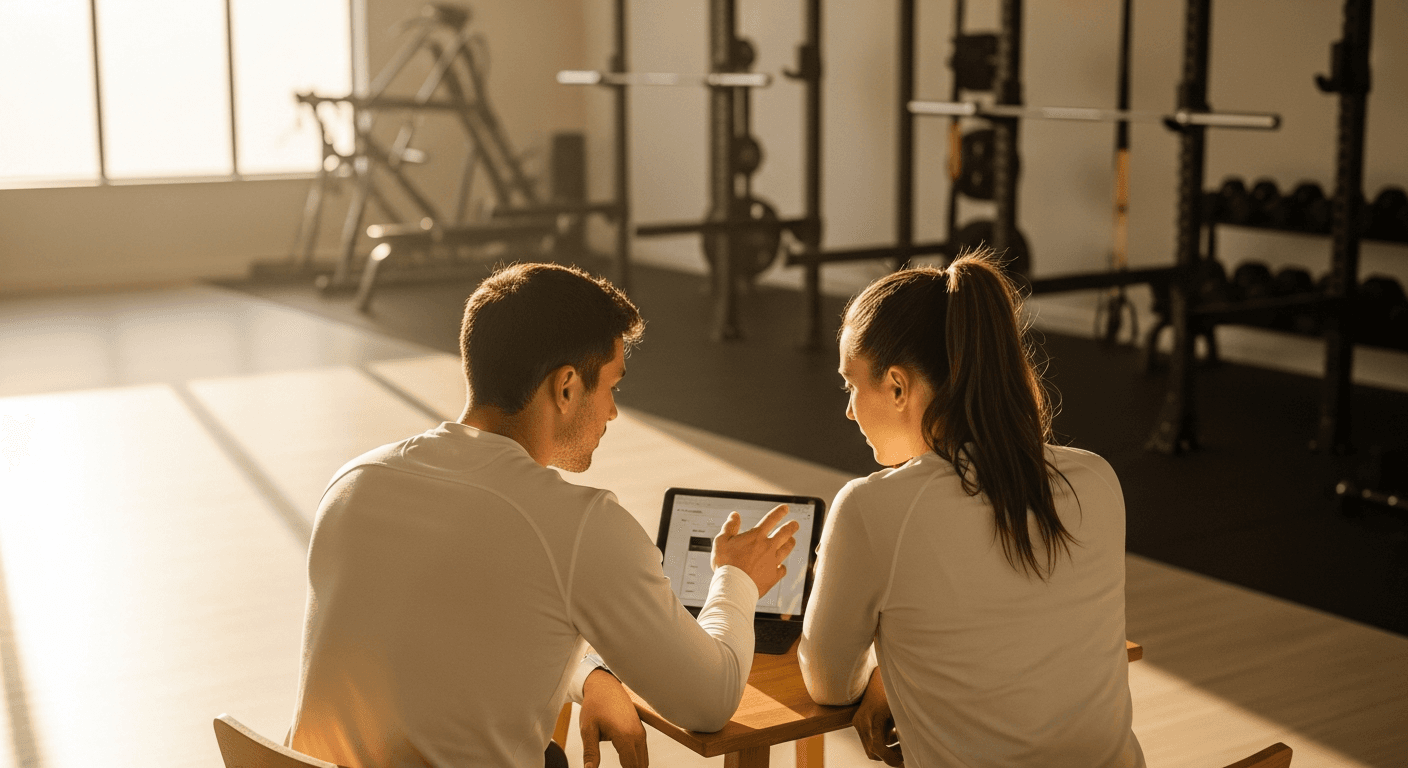 Personal trainer and client review a tablet together at a table by a sunny gym window.