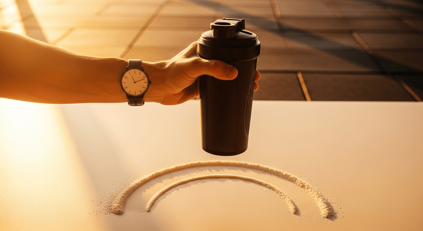 A hand holding a black protein shaker with a minimalist watch, white protein powder dusted across a warm cream surface.
