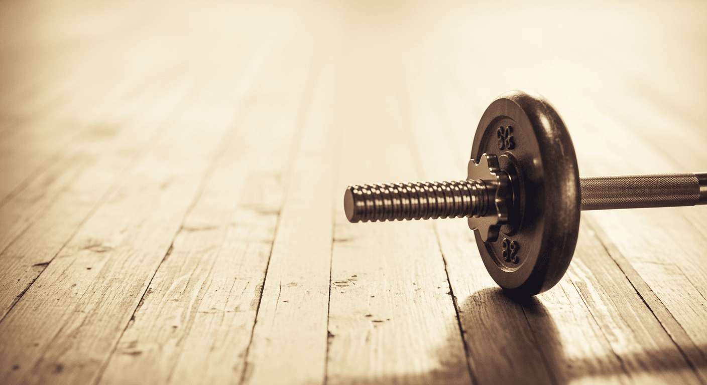 A raw steel barbell rests on a worn wooden gym floor, bathed in soft golden natural light.