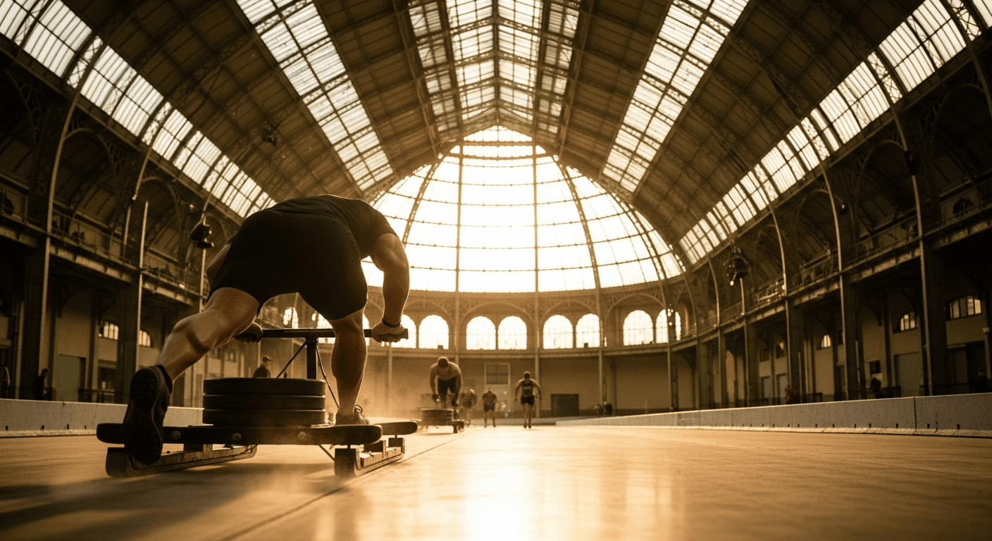 Athlete driving a weighted sled on a track inside the Grand Palais with arched iron-and-glass architecture visible above.