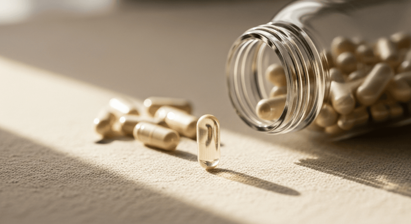 Translucent magnesium capsules spilling from a glass bottle onto warm cream linen in soft morning light.