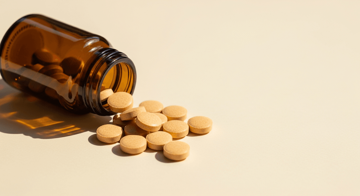 Amber glass supplement bottle tipped over with multivitamin tablets spilling onto a warm cream surface.