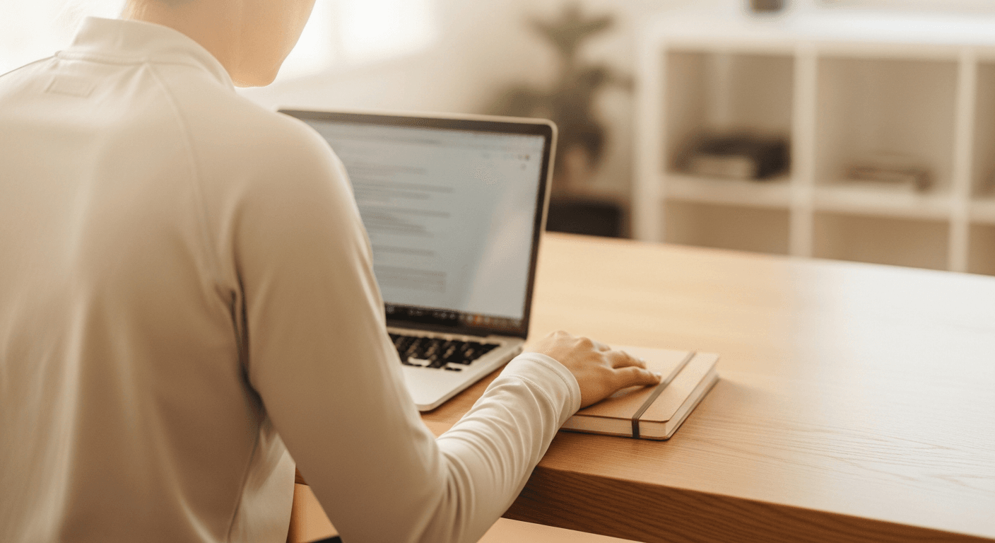 A focused personal trainer at a desk reviewing a laptop in warm golden morning light.