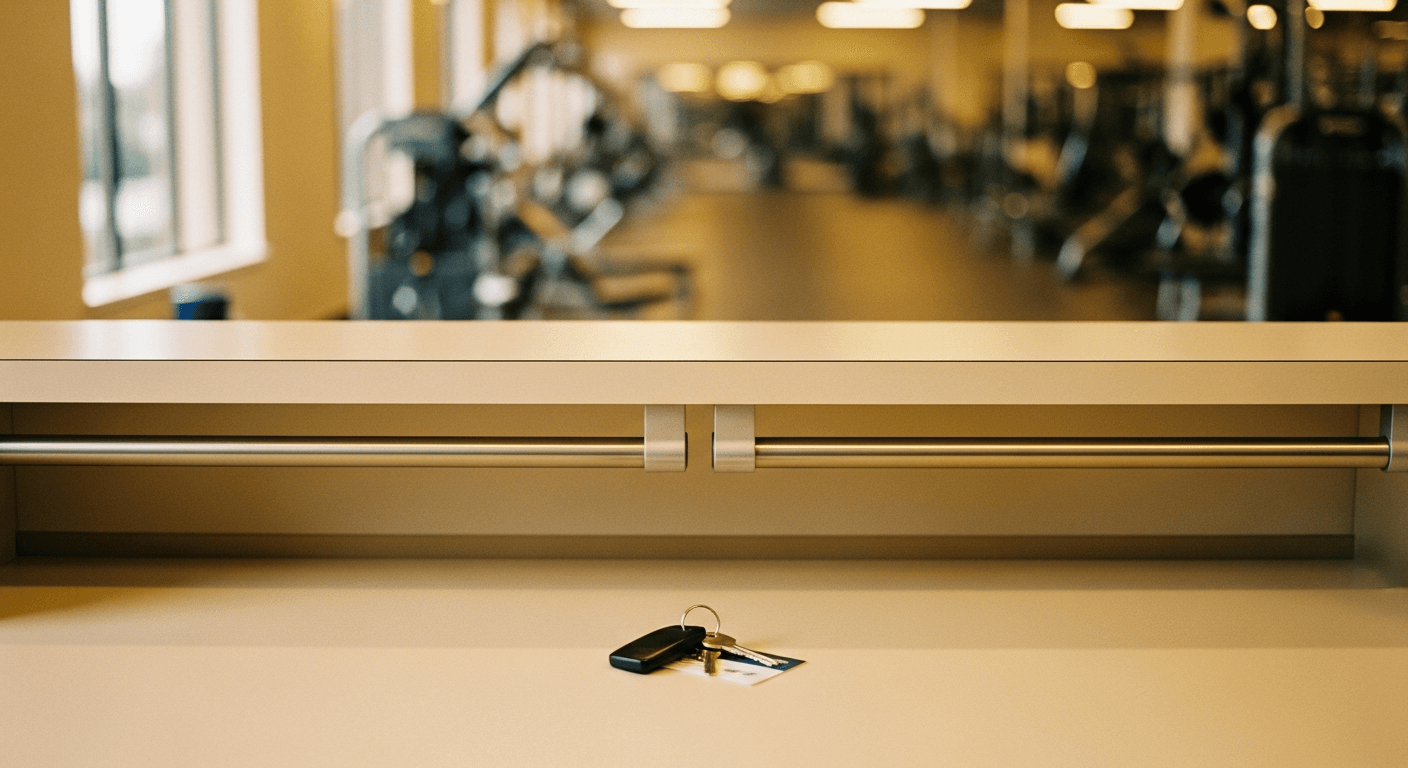 A gym membership key on an empty reception desk bathed in warm golden light.