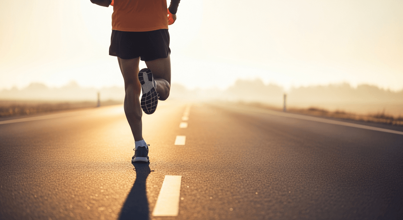 A marathon runner captured from behind mid-stride on a sun-lit road at golden hour.