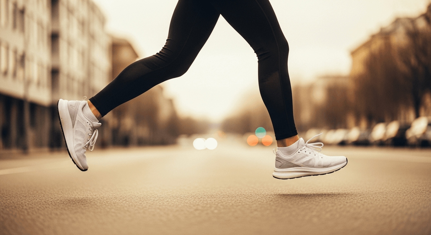 Close-up of a runner's legs mid-stride on an urban road captured in warm morning light.