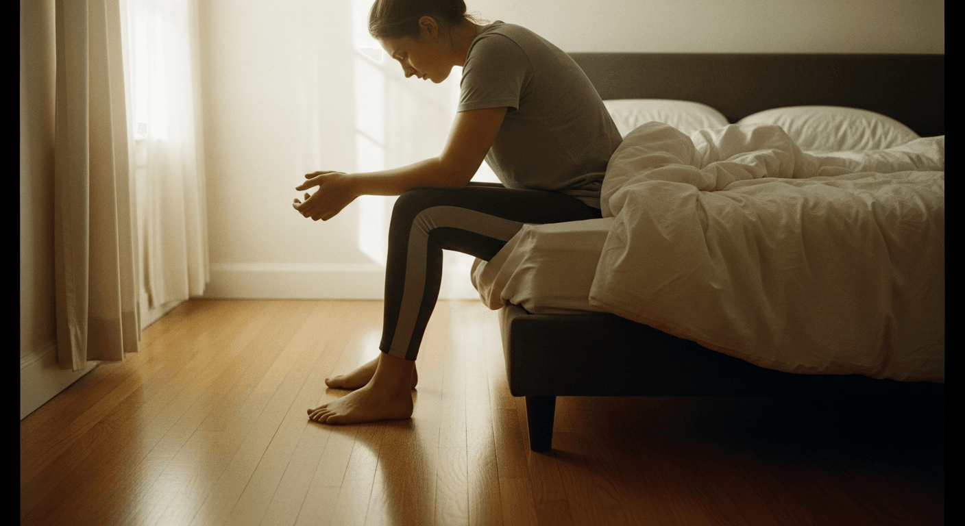 Person sitting on bed in morning light, head in hands, showing mental fatigue and daytime exhaustion.