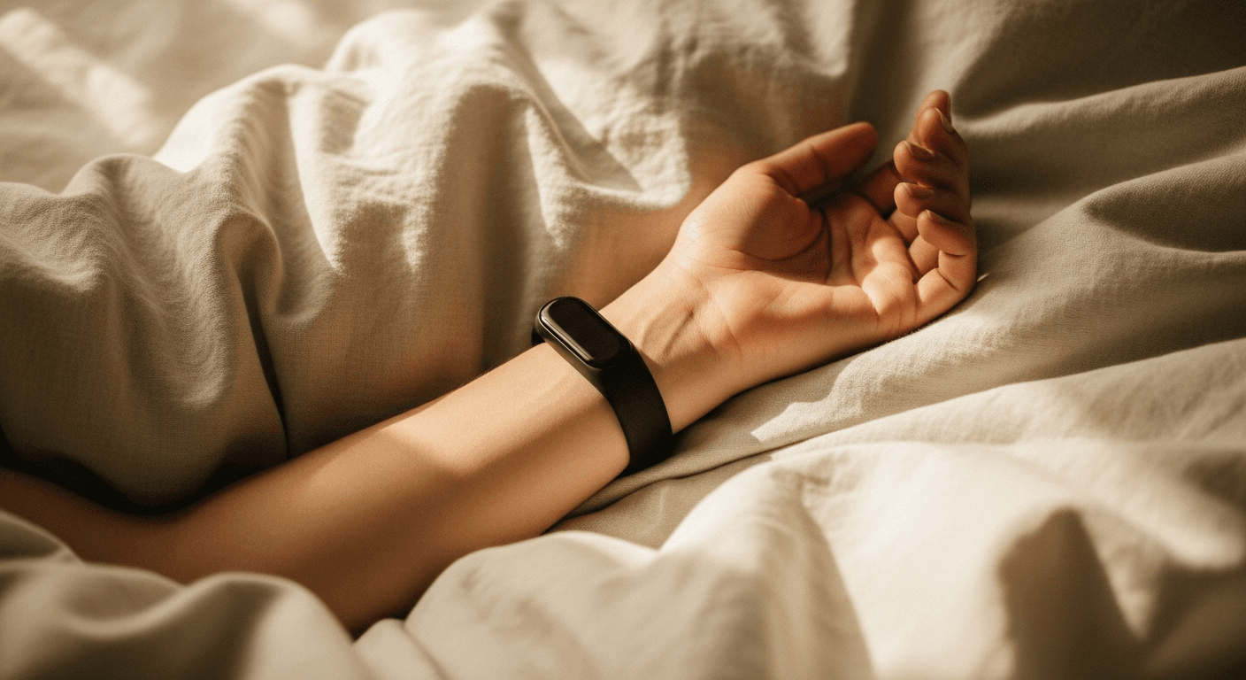 A black fitness wearable rests on a sleeping wrist draped across rumpled linen sheets in soft morning light.