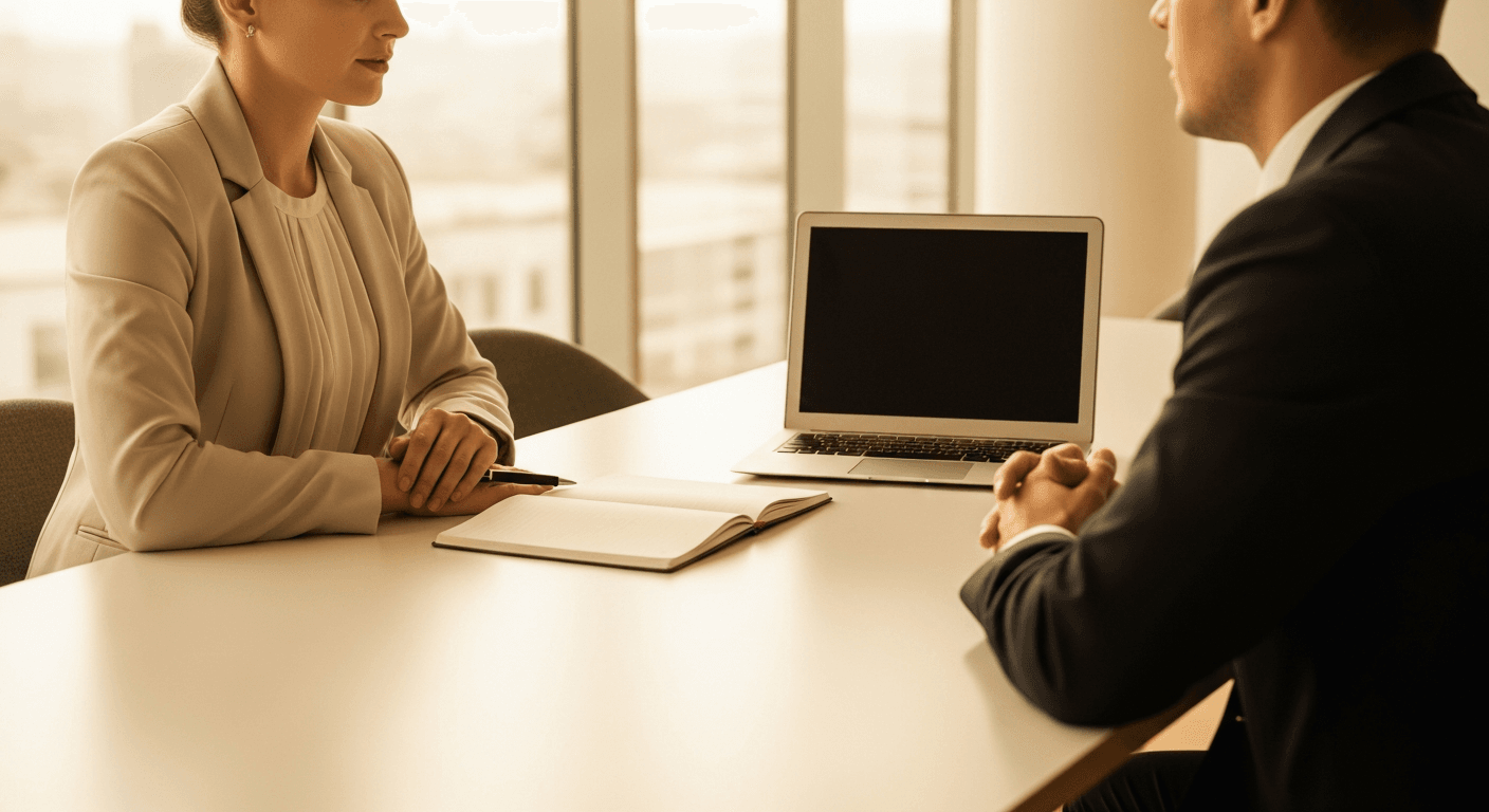 Two professionals discuss a wellness proposal at a minimalist conference table in a bright modern office.