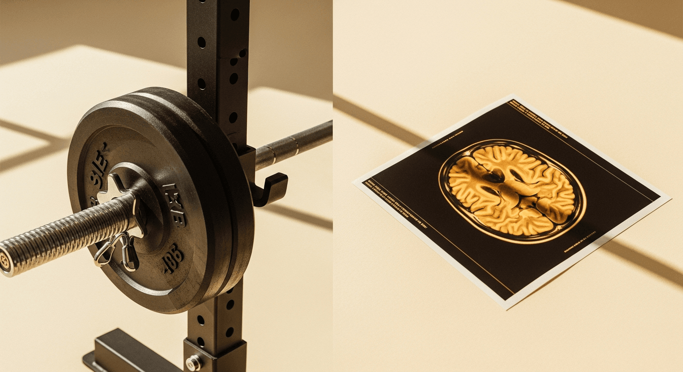 A steel barbell on a squat rack beside an amber fMRI brain scan on a warm cream surface.