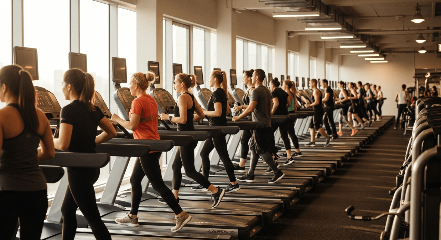 A crowded row of treadmills with waiting runners in a busy gym, bathed in warm golden light.