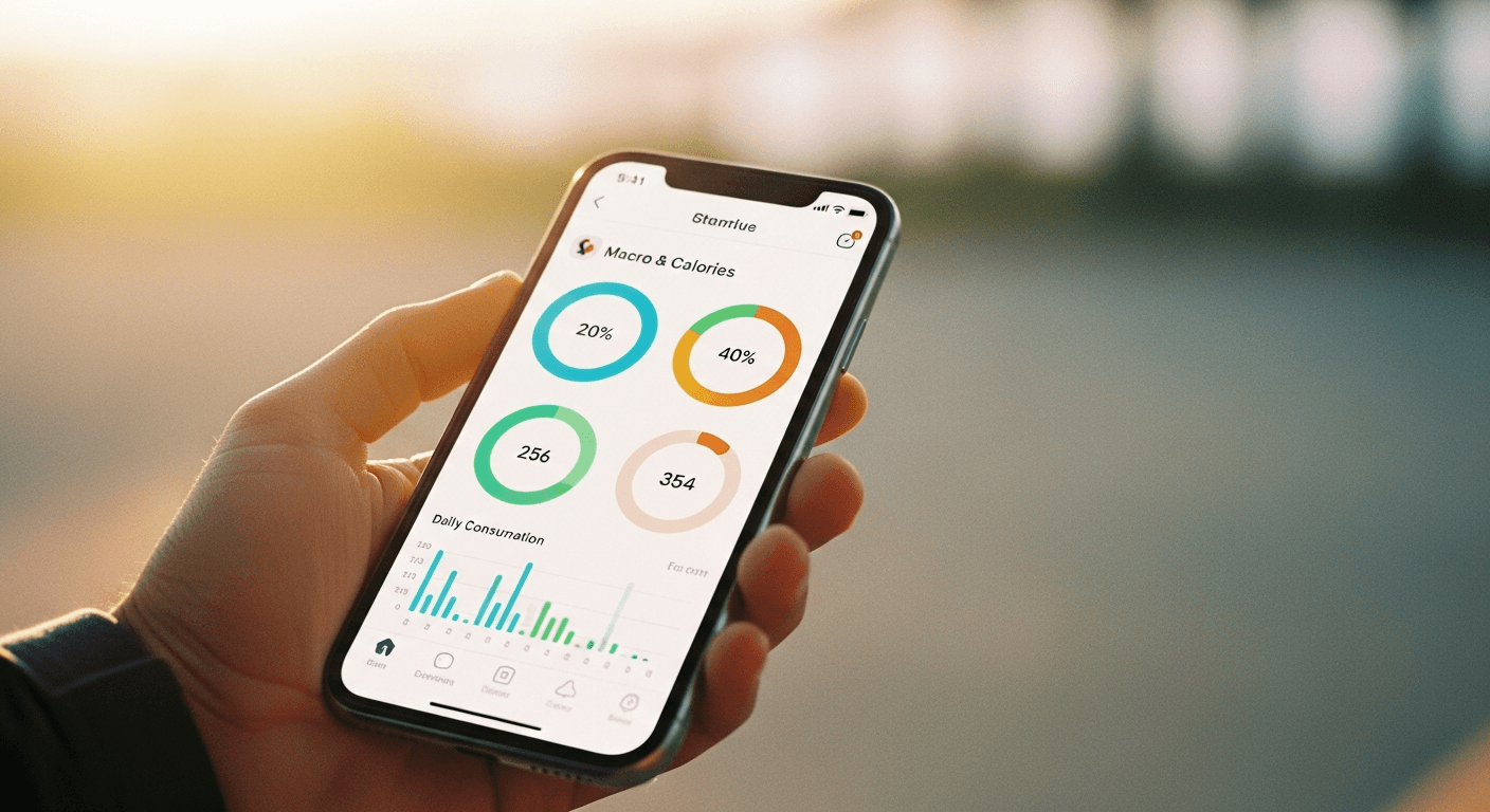 A hand holds a smartphone displaying a colorful fitness tracking interface with progress rings and bar graphs in warm golden light.