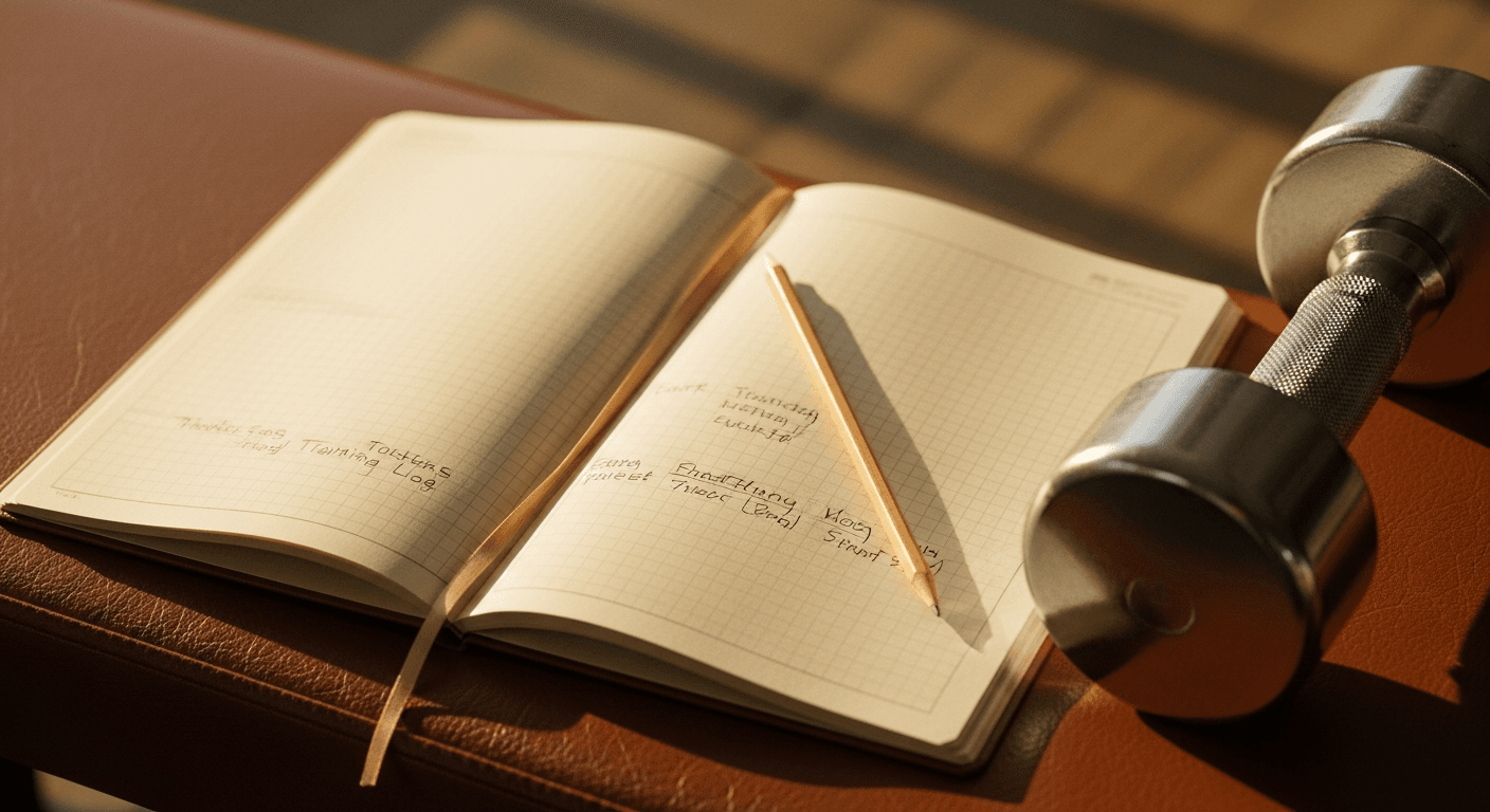 Open training log on a gym bench with a silver dumbbell and pencil, photographed in warm golden natural light.