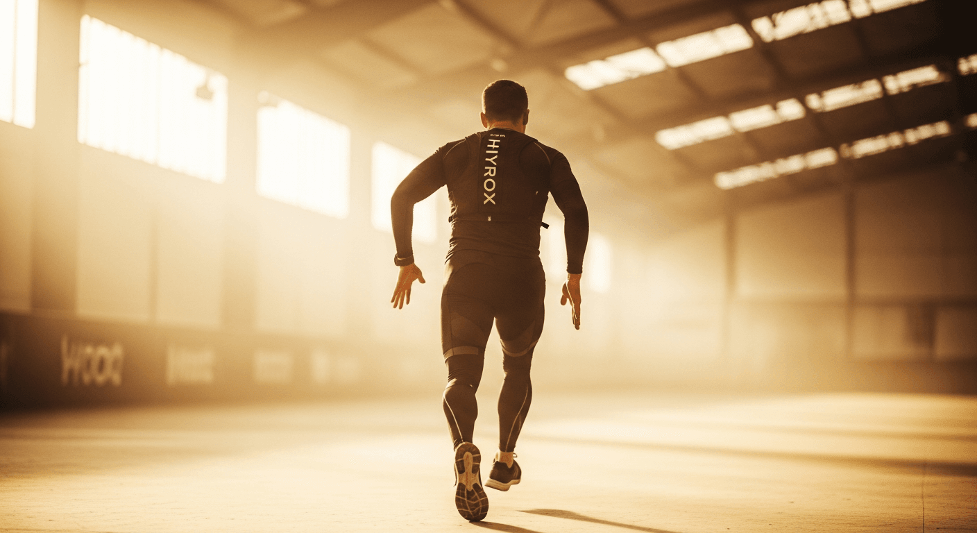 HYROX athlete sprinting at low angle in compression gear on an industrial competition floor bathed in golden light.