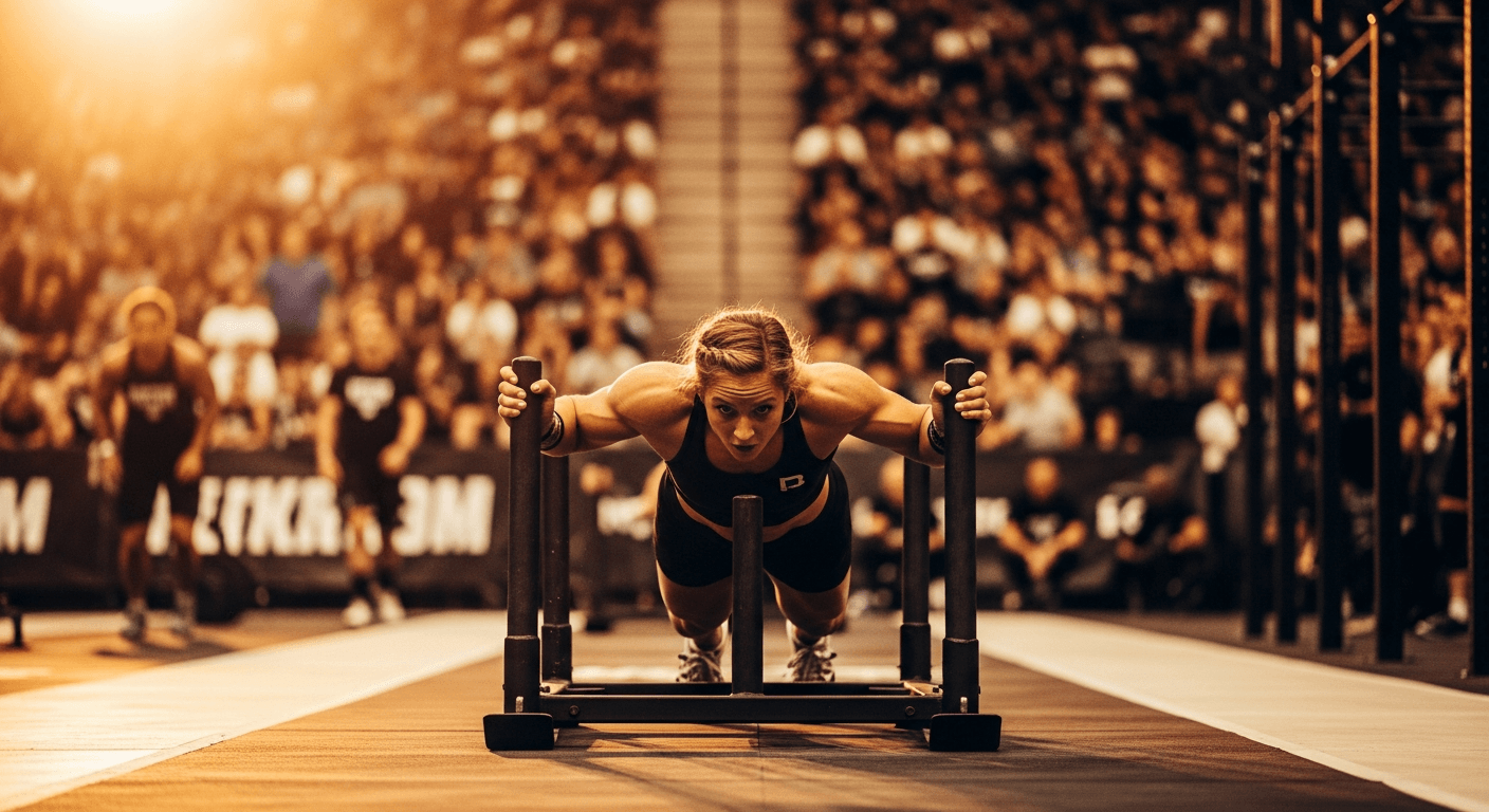 Female athlete pushing a competition sled across an arena floor with a blurred crowd in the background.