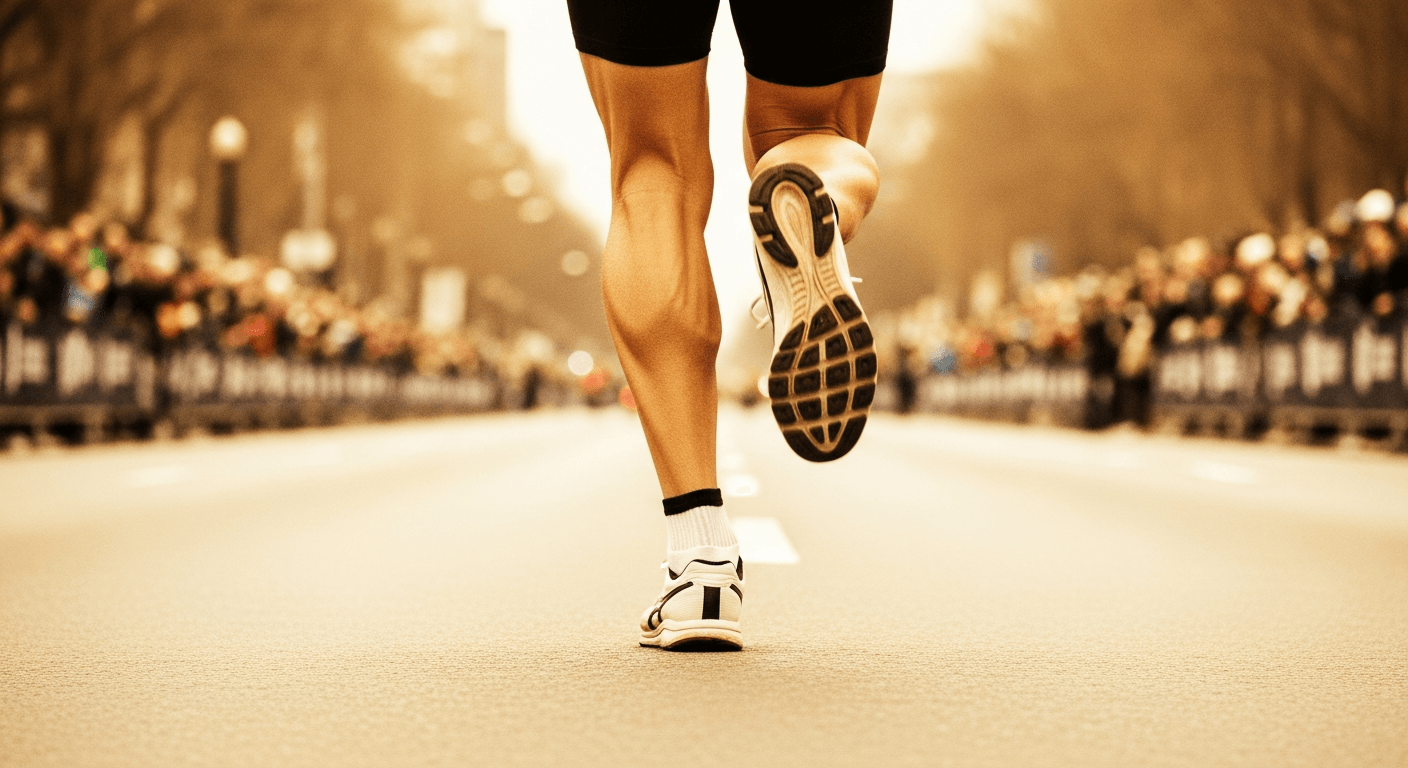 Runner's legs in mid-stride on a city marathon road with blurred spectators lining both sides.