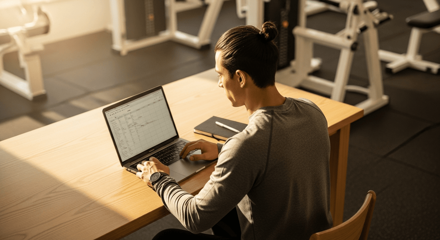 Personal trainer working at desk with laptop in gym environment with warm natural lighting.