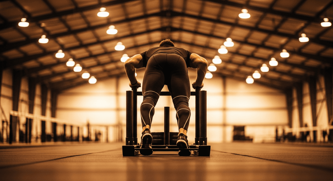Athlete in compression gear driving a weighted sled during a HYROX competition in an industrial hall.