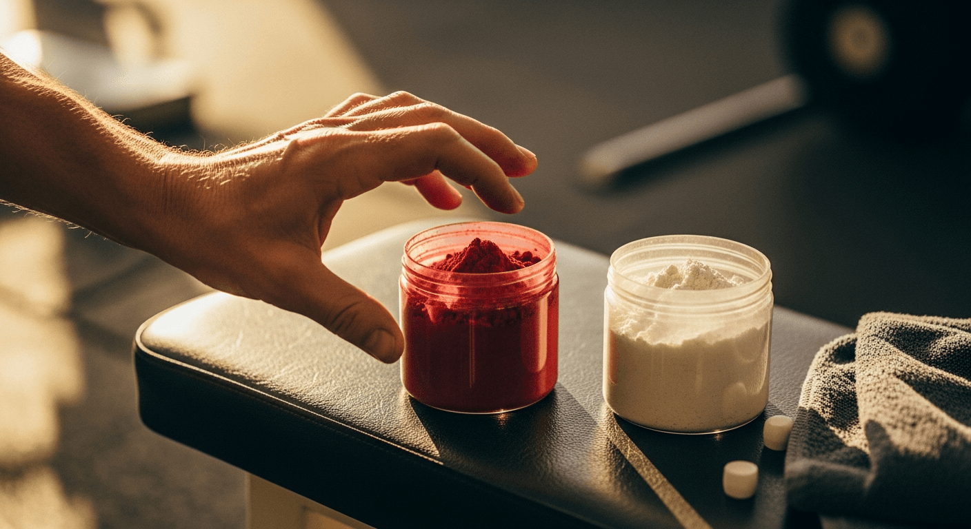 Hand reaching for a jar of red beetroot powder next to white creatine on a weathered gym bench.