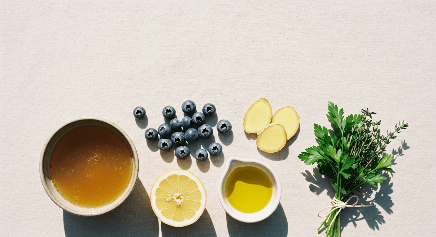 Overhead flat-lay of healing diet foods including bone broth, lemon, blueberries, ginger, and fresh herbs on warm linen.
