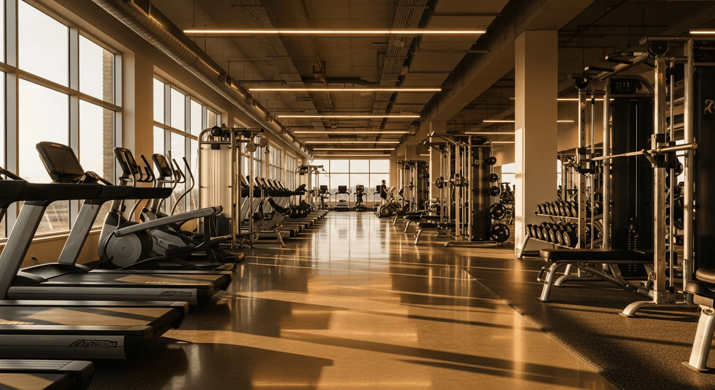 Wide view of a spacious modern gym floor with equipment rows bathed in warm natural golden light.