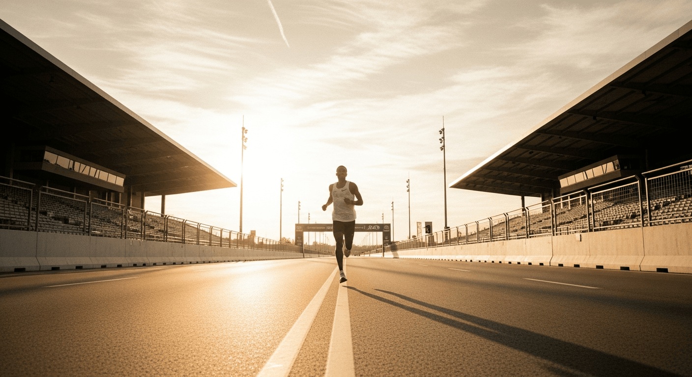Elite male runner sprinting down an empty urban finish line in golden hour light.