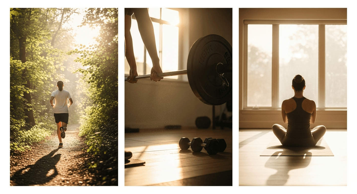 Triptych showing three people exercising: running outdoors, lifting weights, and practicing yoga in warm golden light.