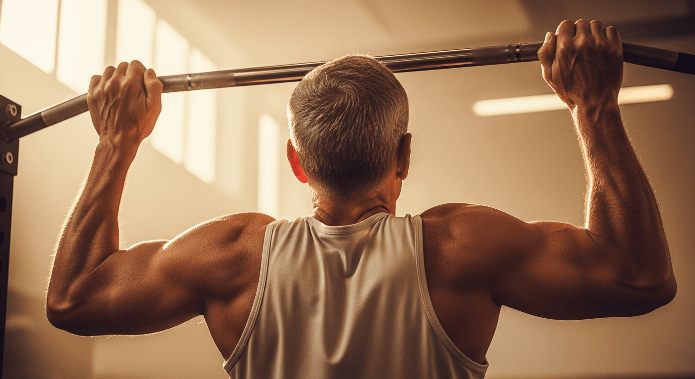 Middle-aged man performing a pull-up with visible muscle engagement, bathed in warm golden light.