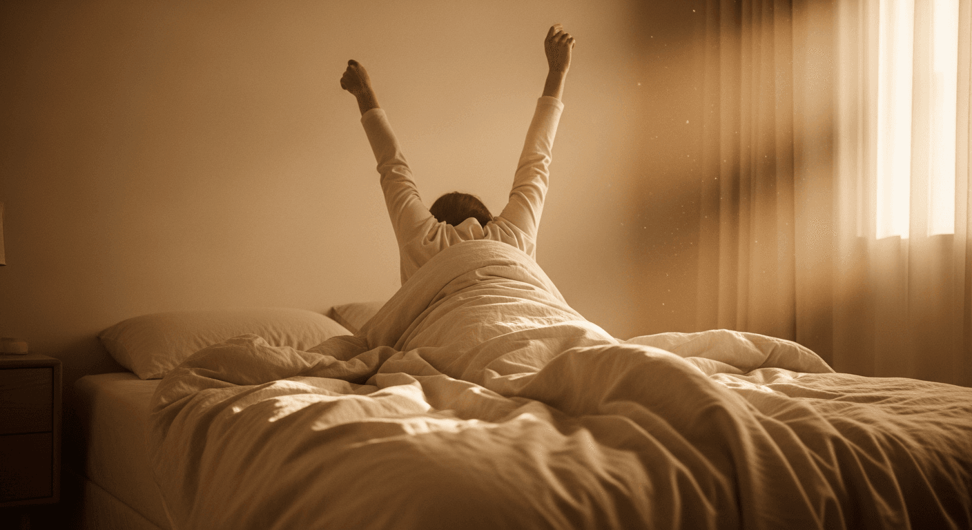 Young person stretching in bed with morning sunlight filtering through sheer curtains.