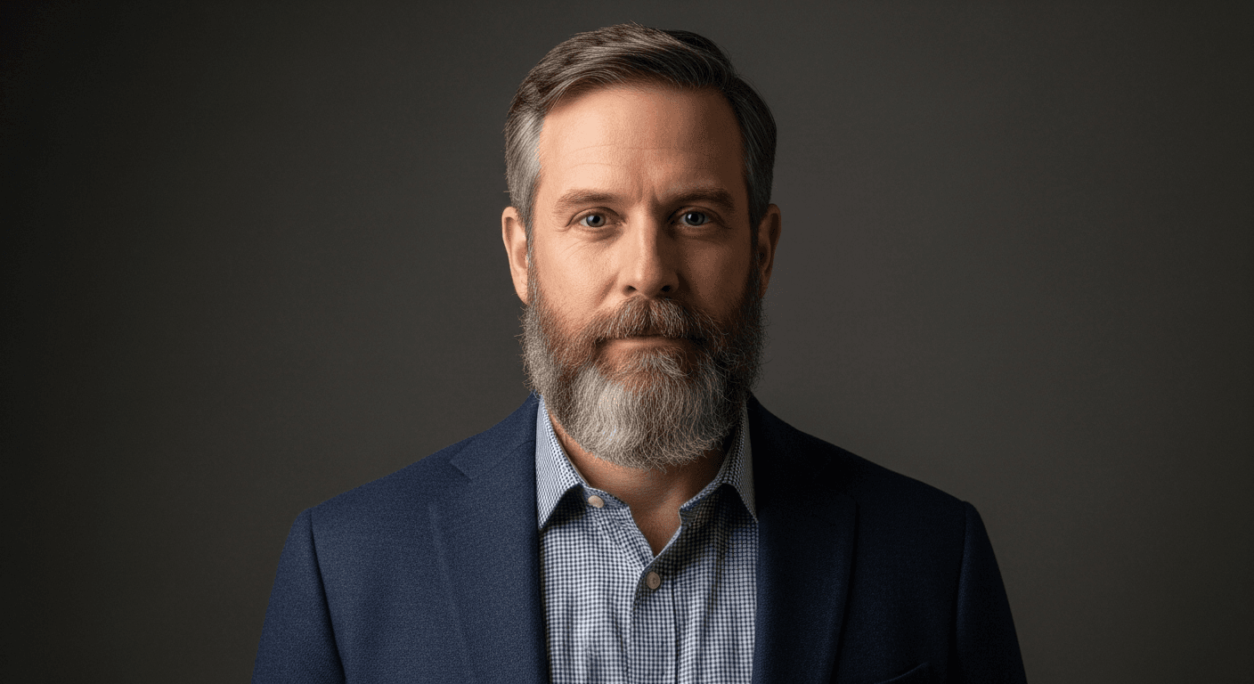 Executive in tailored suit reviews wellness analytics dashboard on wall screen in warm golden boardroom.