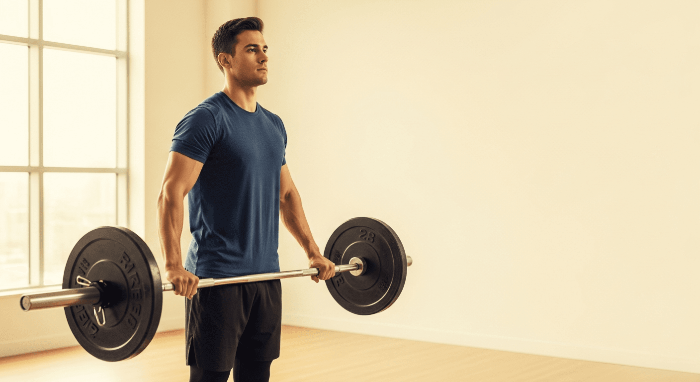 Lean athlete with calm focus standing at a lightly loaded barbell in warm natural light.