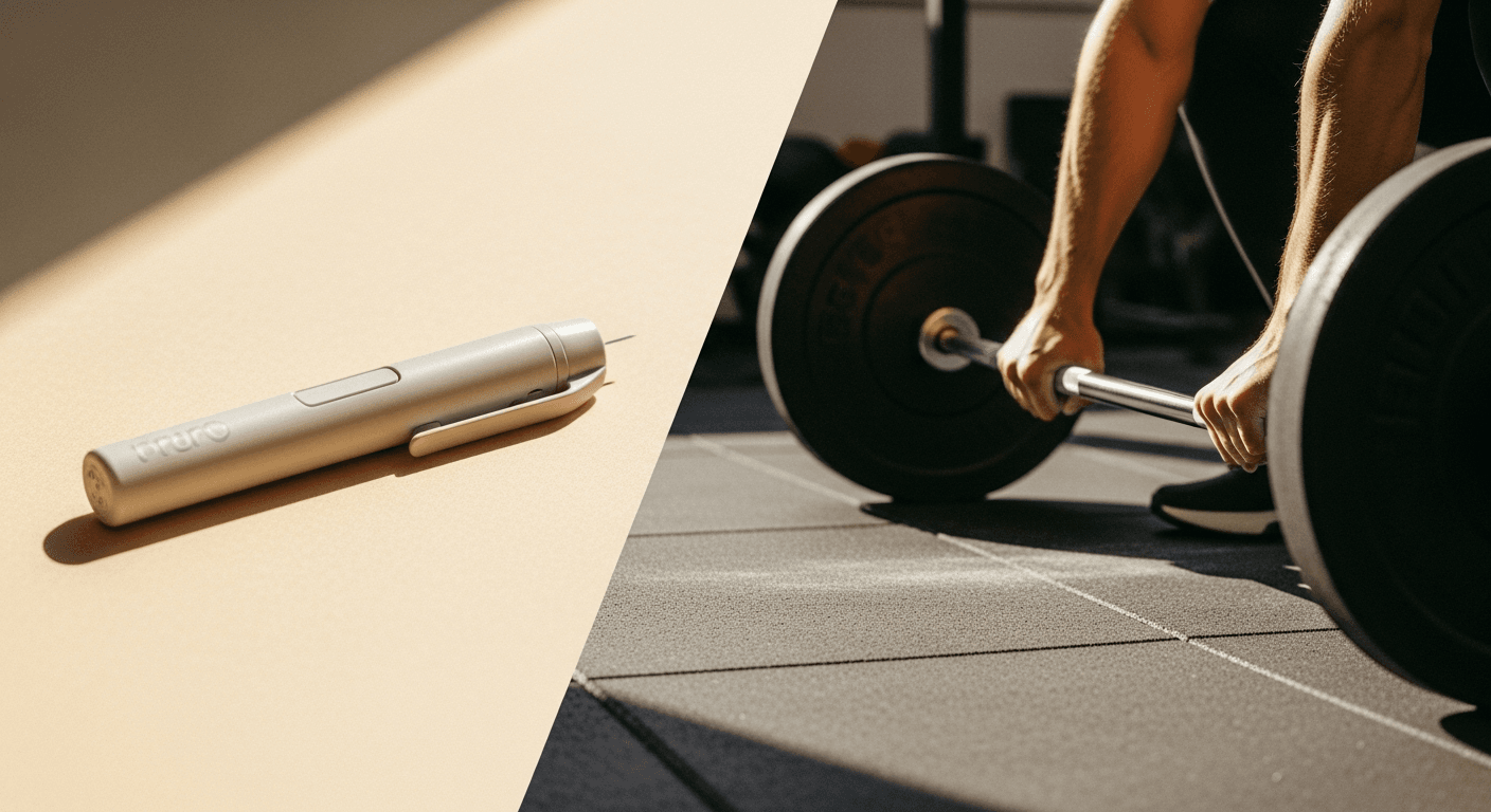 GLP-1 injection pen beside hands lifting a barbell, symbolizing muscle preservation during medication.