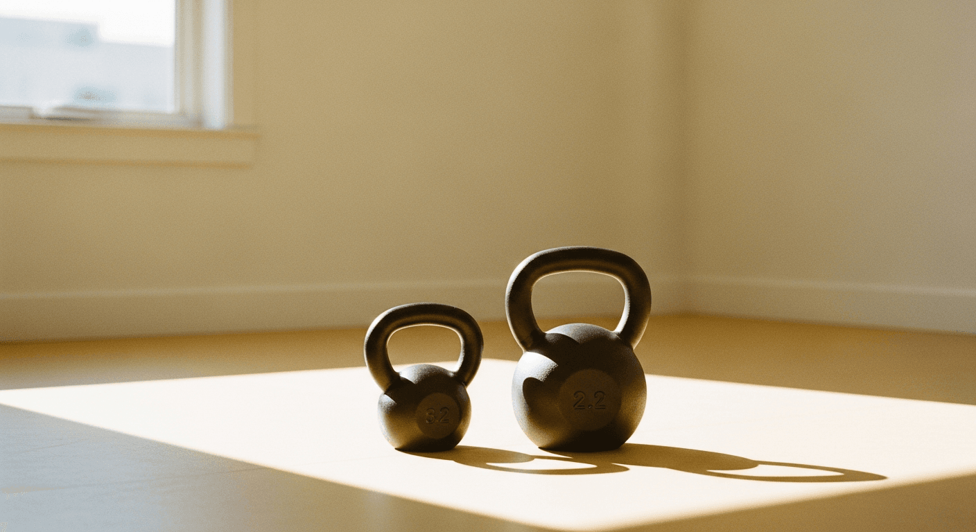 Two kettlebells of different weights side by side on a warm cream gym floor, lit by soft natural light.