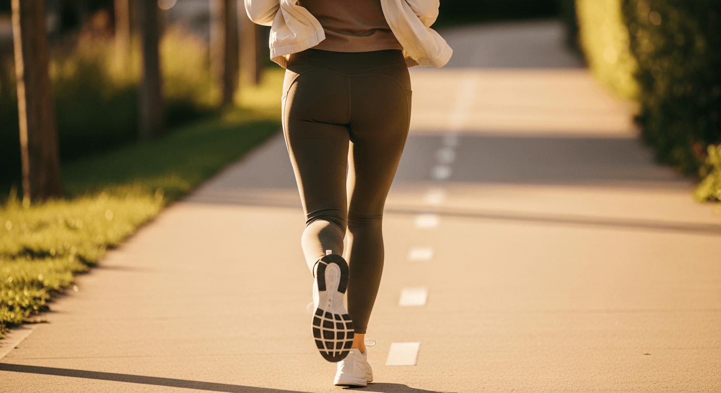 Woman jogging on urban path in earth-tone activewear during golden-hour light.