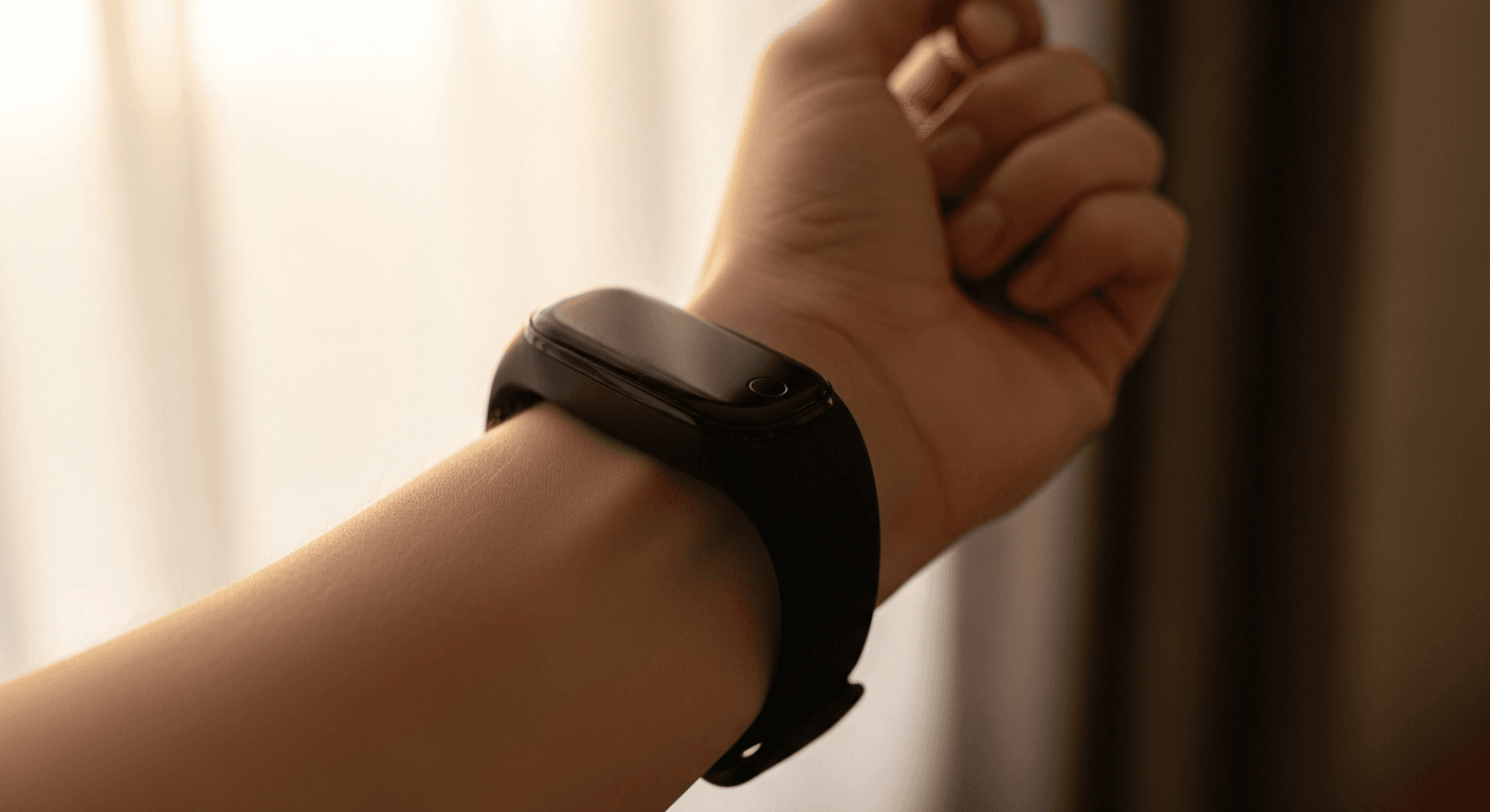 Close-up of a black fitness tracker on a raised wrist in warm golden light.