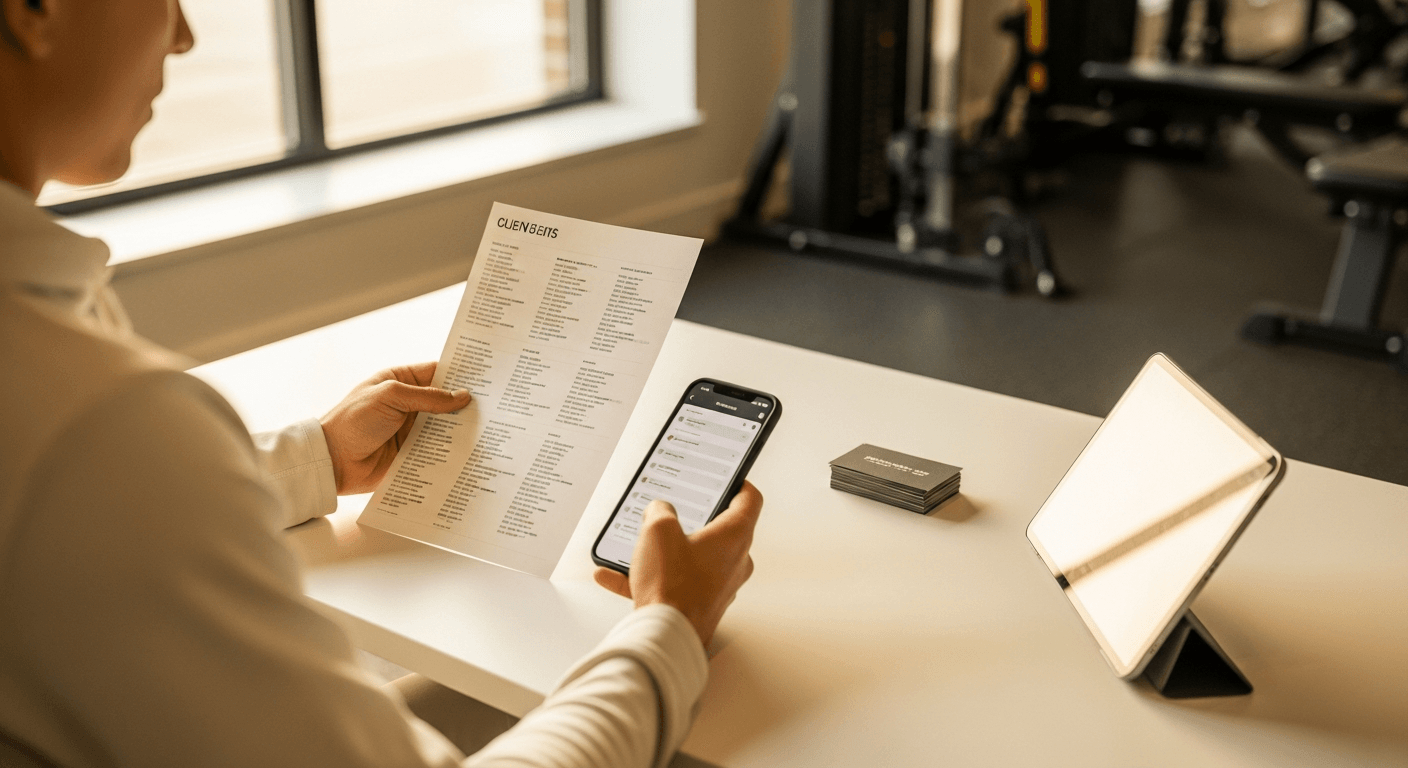 Fitness coach at desk reviewing client roster and phone messages in modern gym with warm natural light.