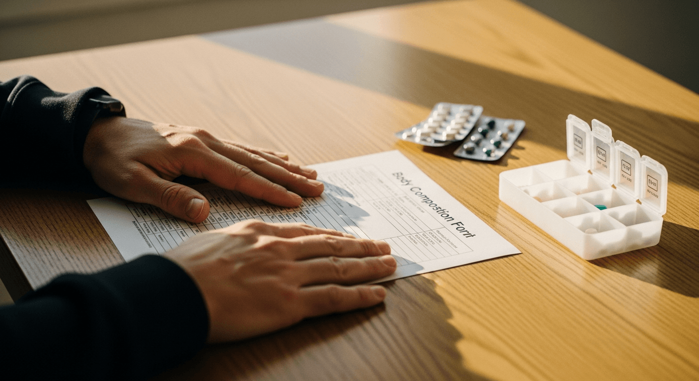 A coach's hands review a body composition form next to a pill organizer on a warm oak desk in natural light.