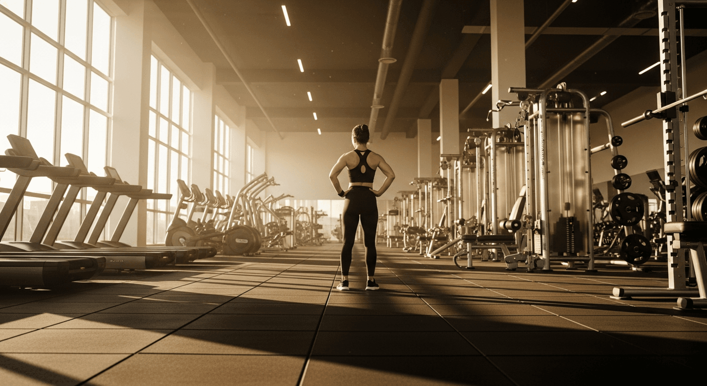 Gym owner surveys a modern fitness facility with treadmills and equipment in golden-hour light.