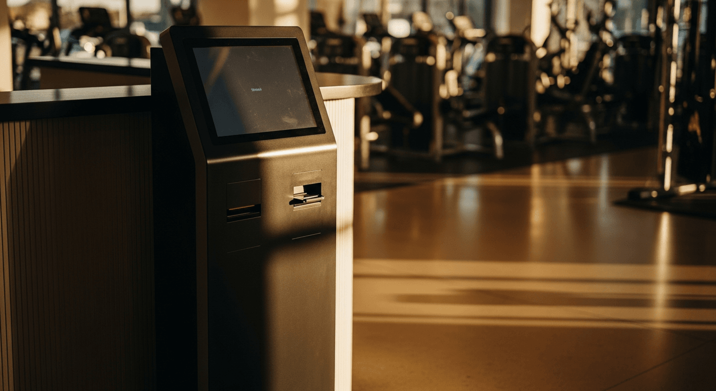 Digital check-in kiosk in a premium gym reception area bathed in warm golden light.