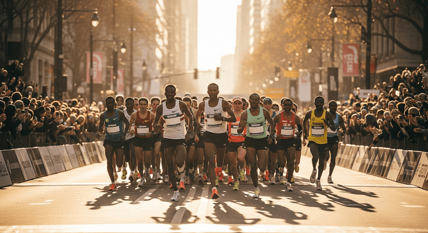 Elite marathon runners surge toward the finish line on a city street lined with cheering crowds.