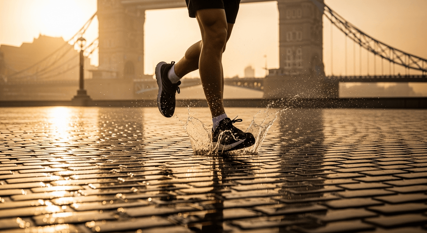Runner's legs mid-stride on wet cobblestones with Tower Bridge blurred in golden background at dawn.