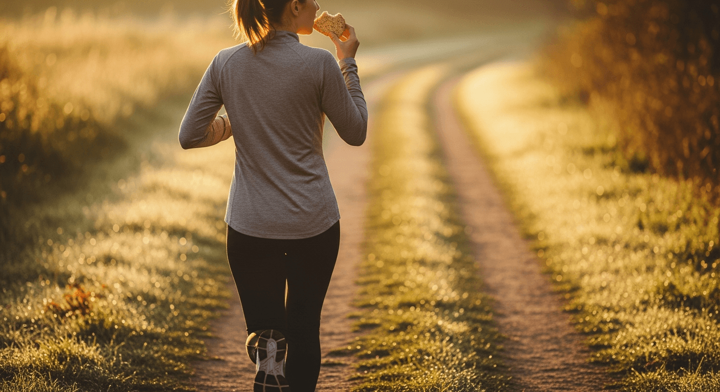 Runner jogging on a trail at golden hour, holding whole-grain bread mid-bite during stride.