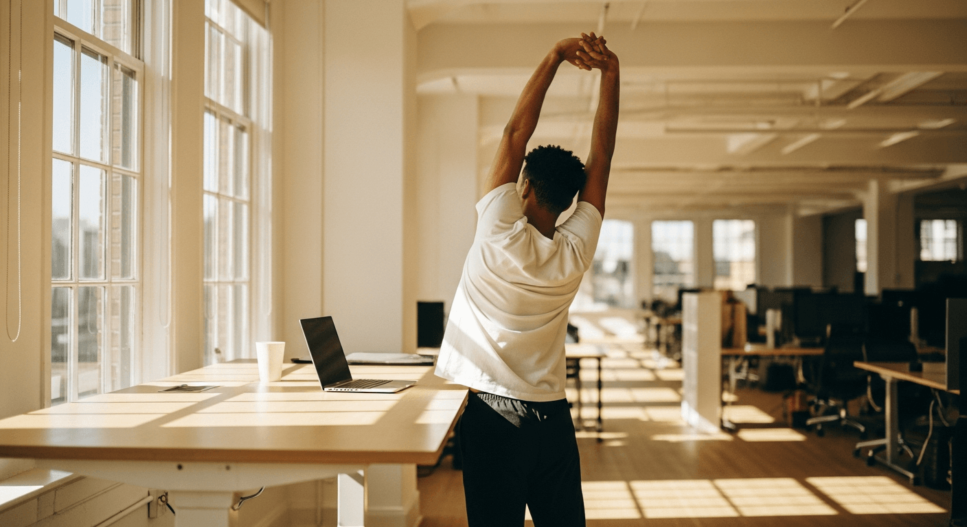 Young professional stretching at standing desk in bright modern office with natural golden light.