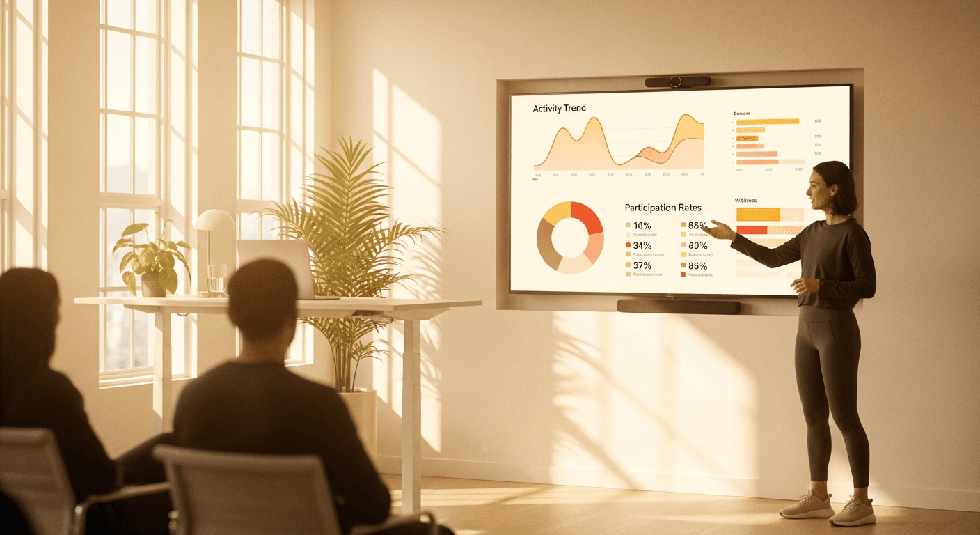 A presenter in athletic wear gestures toward wellness data visualizations on a screen in a modern conference room.