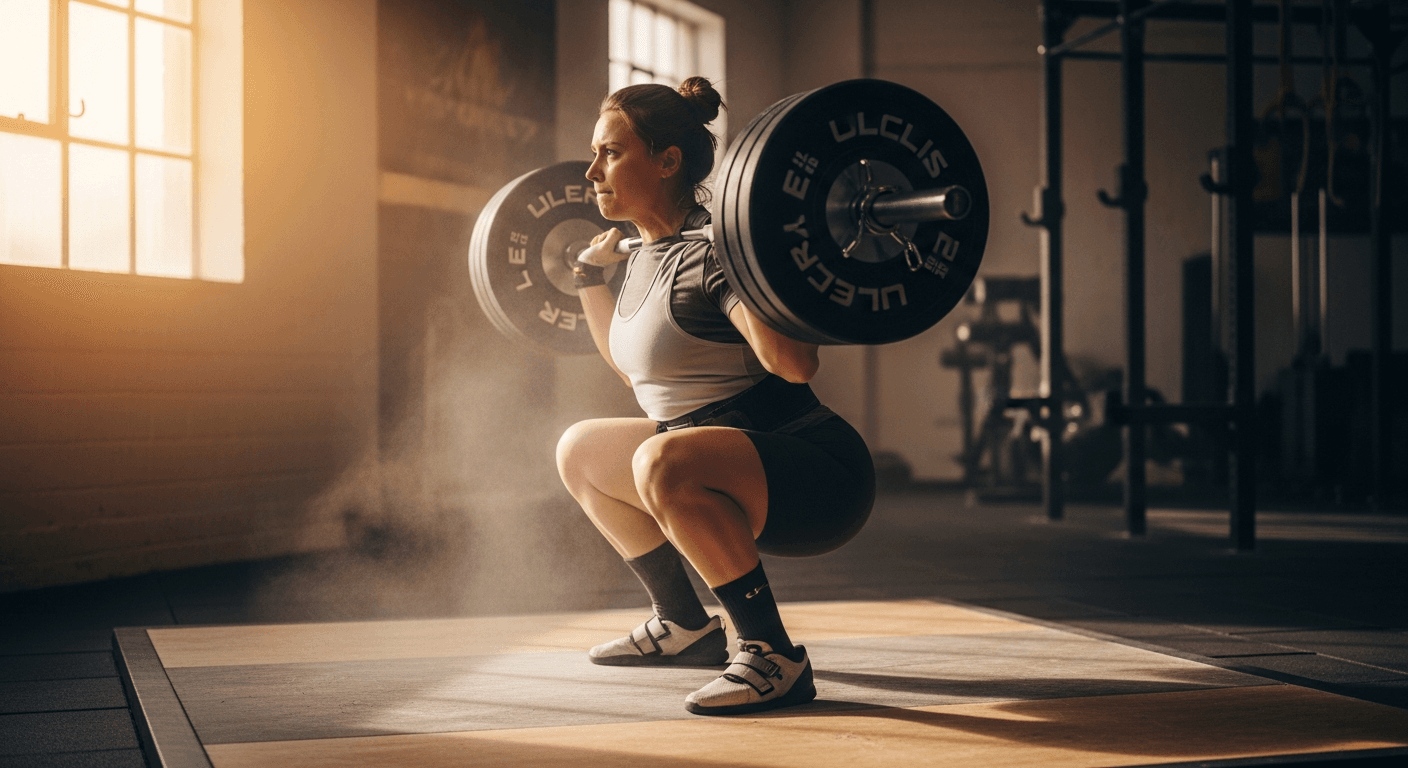 Weightlifter mid-squat with thighs parallel to floor, captured at the critical edge-of-failure moment in a gym.