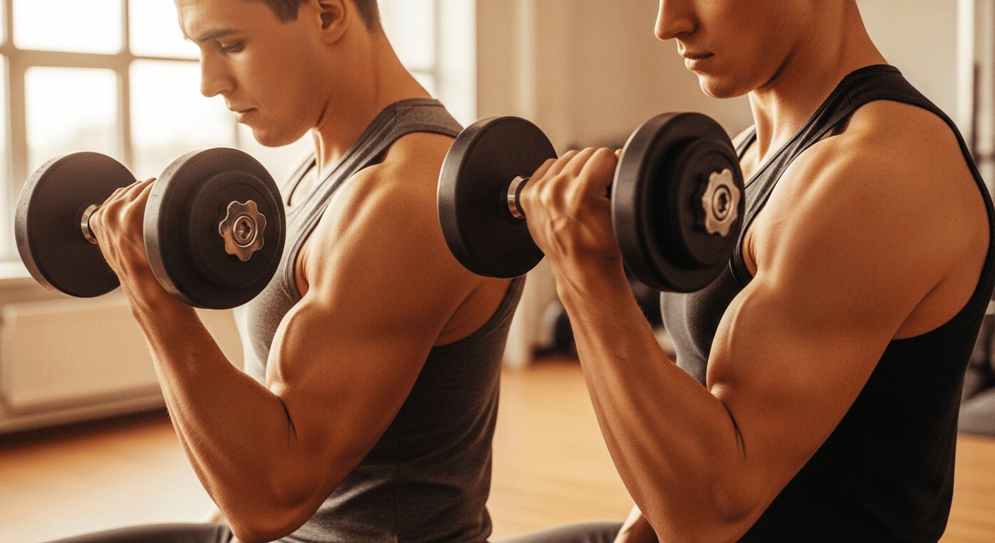 Two athletic men performing identical dumbbell curls, showing different levels of muscle development.