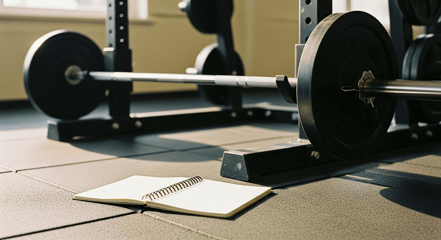 A chalk-dusted barbell rests in a squat rack beside an open training log on a gym floor in golden light.